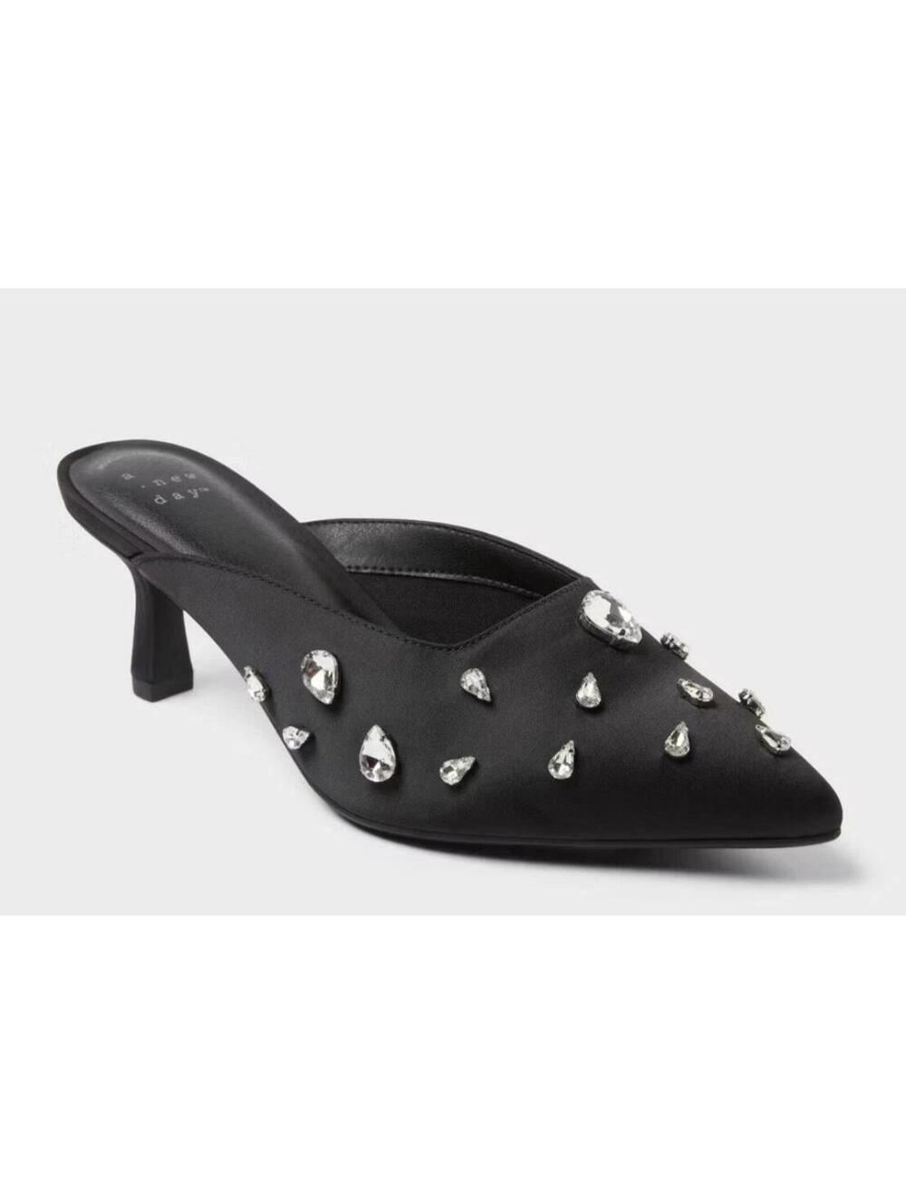A New Day Katia Studded Mule Heels Black Size 6 Pointed Toe Kitten Heel NWT